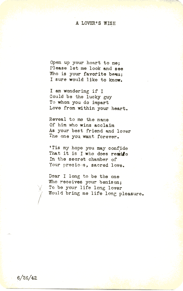 A scanned image of A Lover's Wish by John Michael Rogers. Read the text of this poem below on this page.