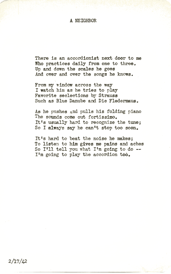 A scanned image of A Neighbor by John Michael Rogers. Read the text of this poem below on this page.