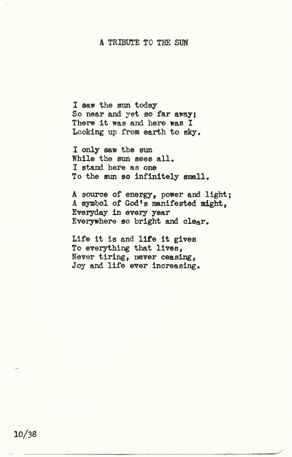 A scanned image of A Tribute to the Sun by John Michael Rogers. Read the text of this poem below on this page.