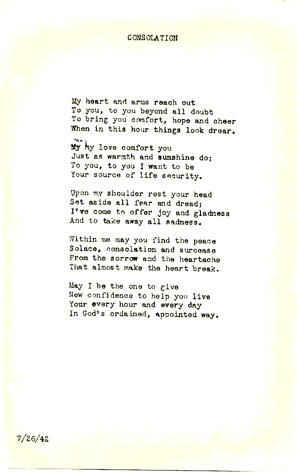 A scanned image of Consolation by John Michael Rogers. Read the text of this poem below on this page.