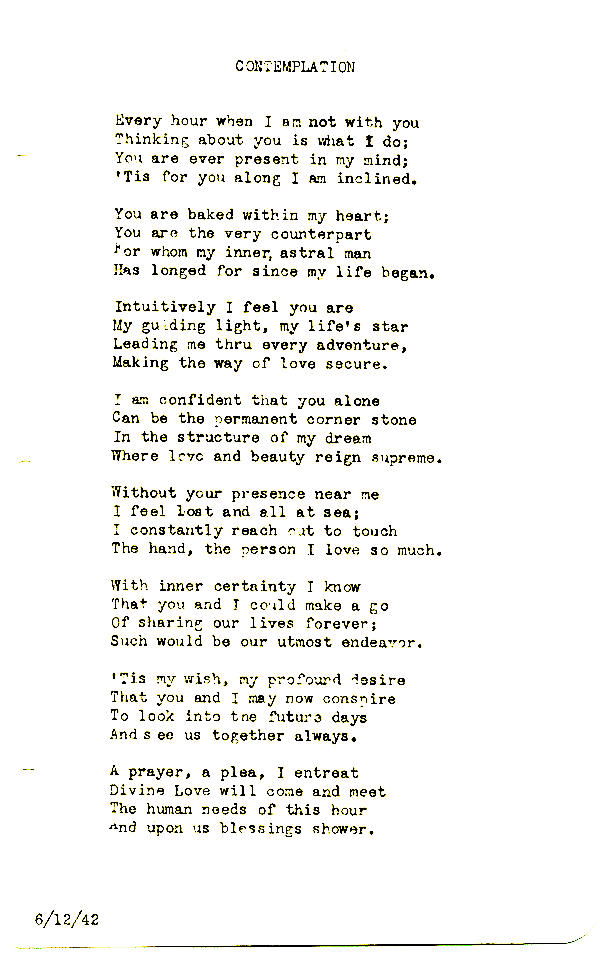 A scanned image of Contemplation by John Michael Rogers. Read the text of this poem below on this page.