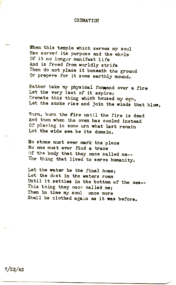 A scanned image of Cremation by John Michael Rogers. Read the text of this poem below on this page.