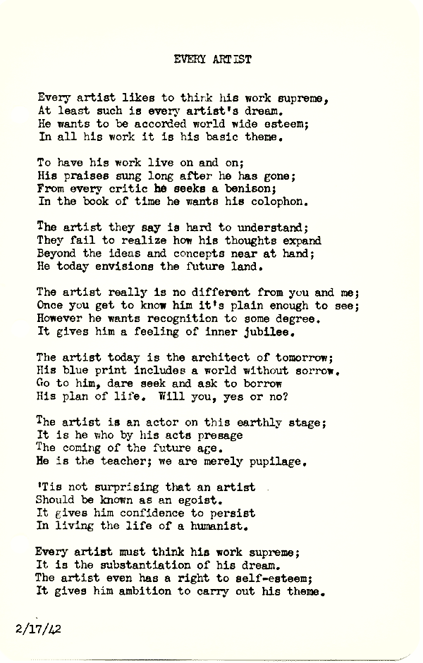 A scanned image of Every Artist by John Michael Rogers. Read the text of this poem below on this page.