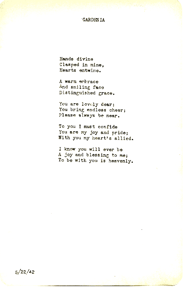 A scanned image of Gardenia by John Michael Rogers. Read the text of this poem below on this page.