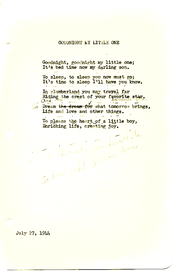 A scanned image of Goodnight My Little One by John Michael Rogers. Read the text of this poem below on this page.