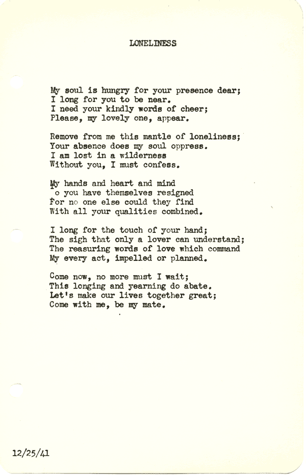 A scanned image of Loneliness by John Michael Rogers. Read the text of this poem below on this page.