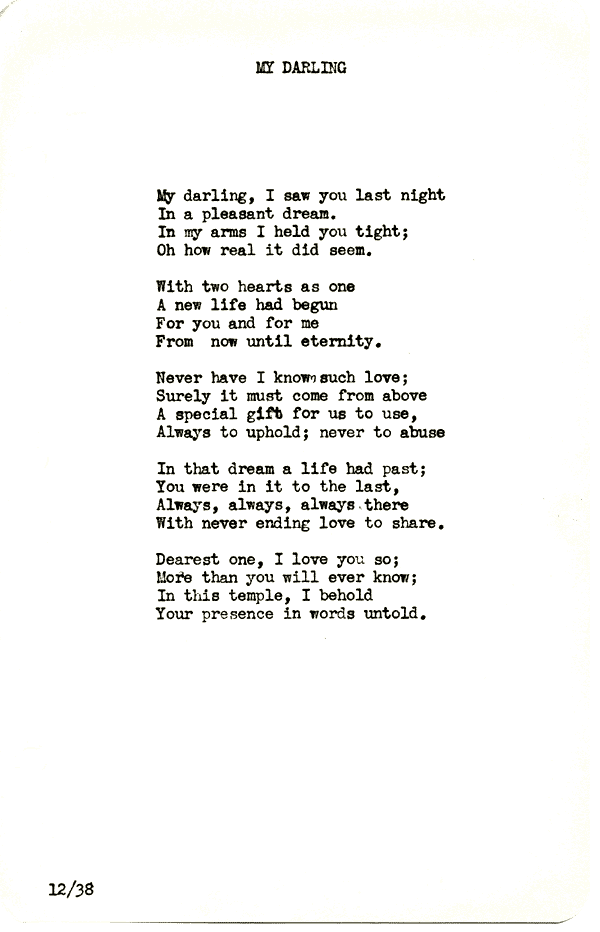 A scanned image of My Darling by John Michael Rogers. Read the text of this poem below on this page.