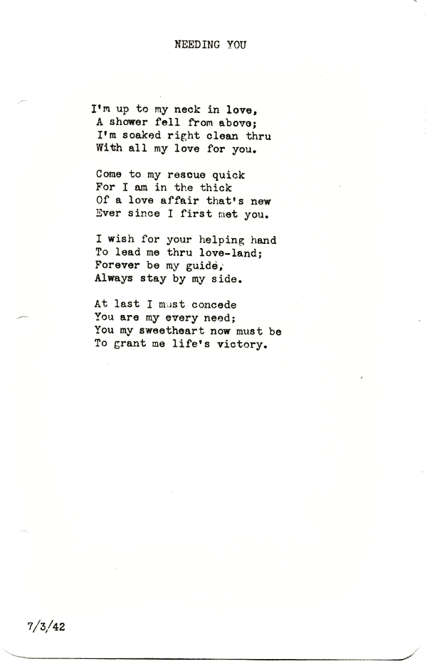 A scanned image of Needing You by John Michael Rogers. Read the text of this poem below on this page.