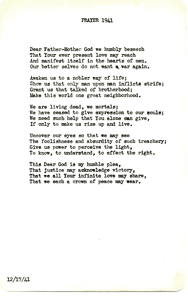 A scanned image of Prayer 1941 by John Michael Rogers. Read the text of this poem below on this page.